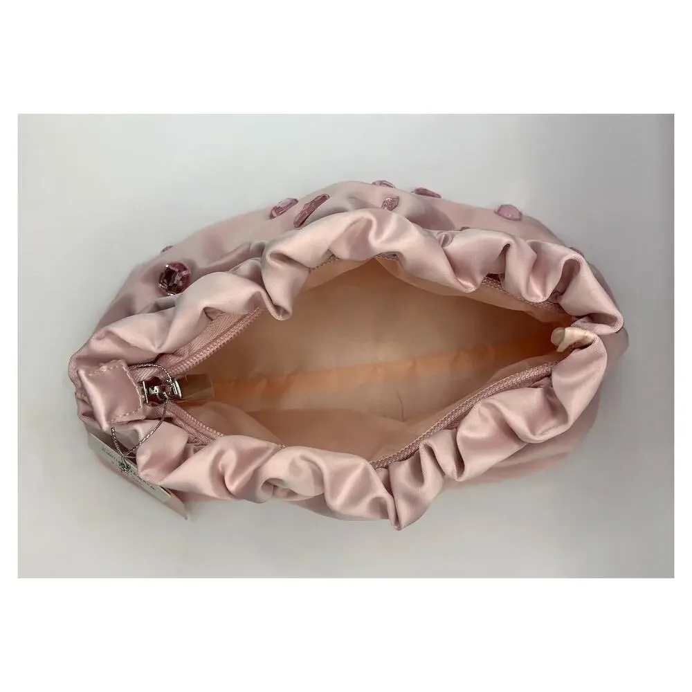 Anthropologie Pink Embellished Cosmetic Bag Rhinestone Satin NWT